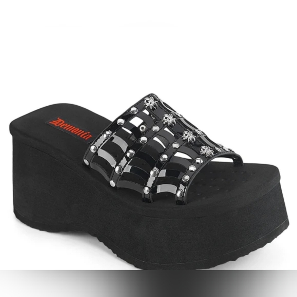 Rare Demonia FUNN-13 Black Vegan Leather Platform Slides